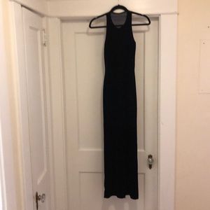 Long, navy blue, faux velvet dress.